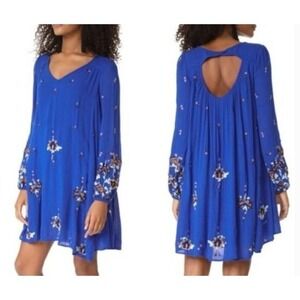Free People Royal Blue Embroidered Oxford Swing Mini Dress Long Sleeve Small